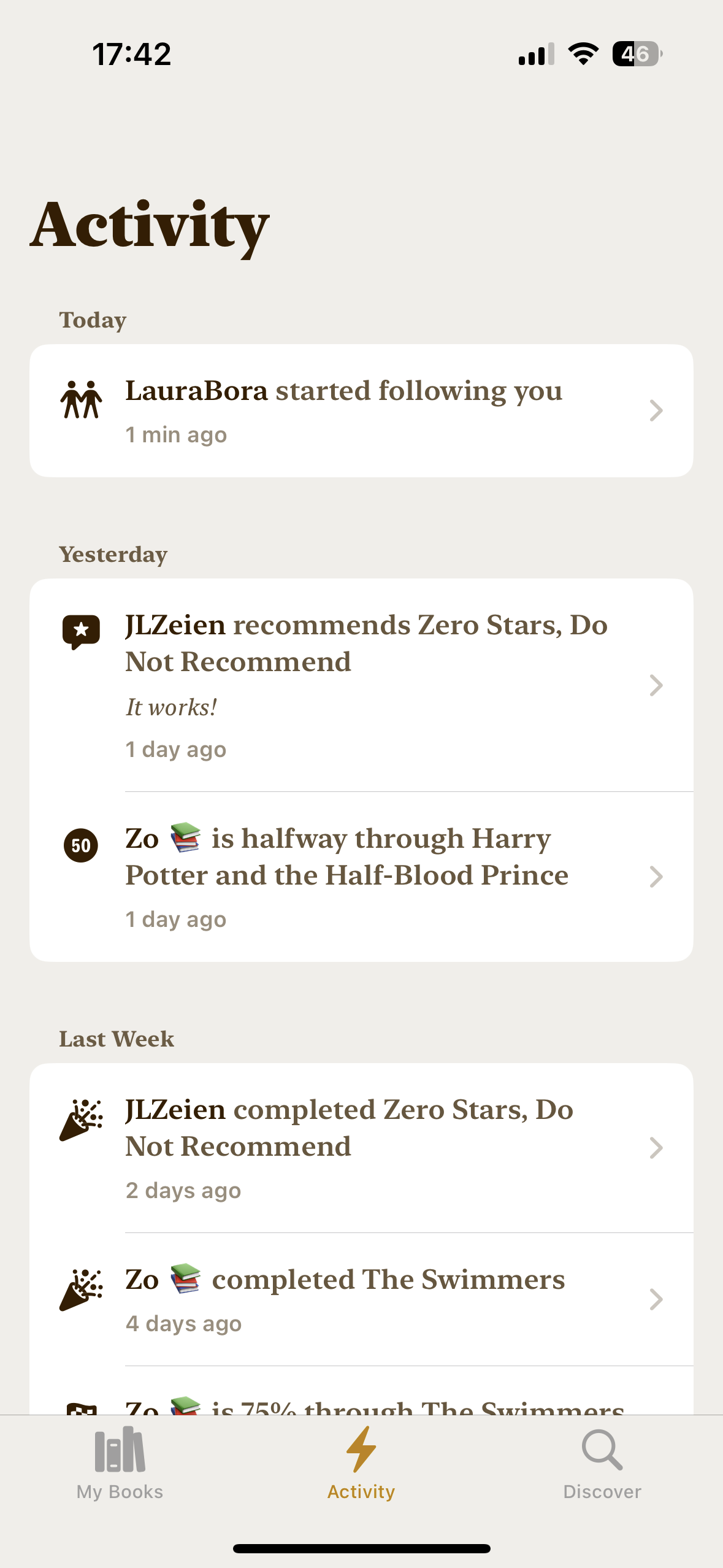 Activity view in Bookmark
