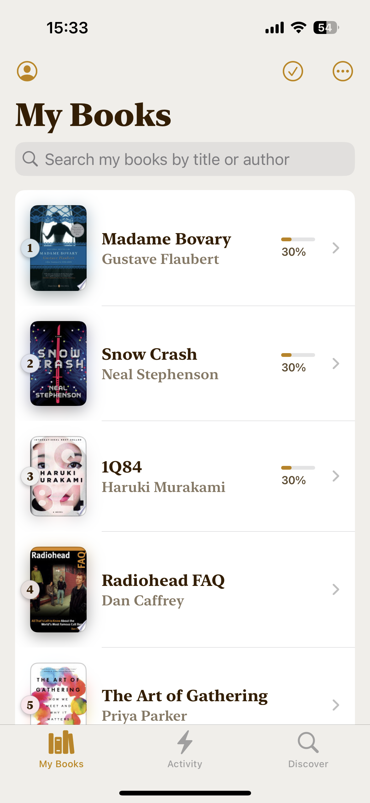 My Books view in Bookmark: a reading list with cover art and a progress bar on each book