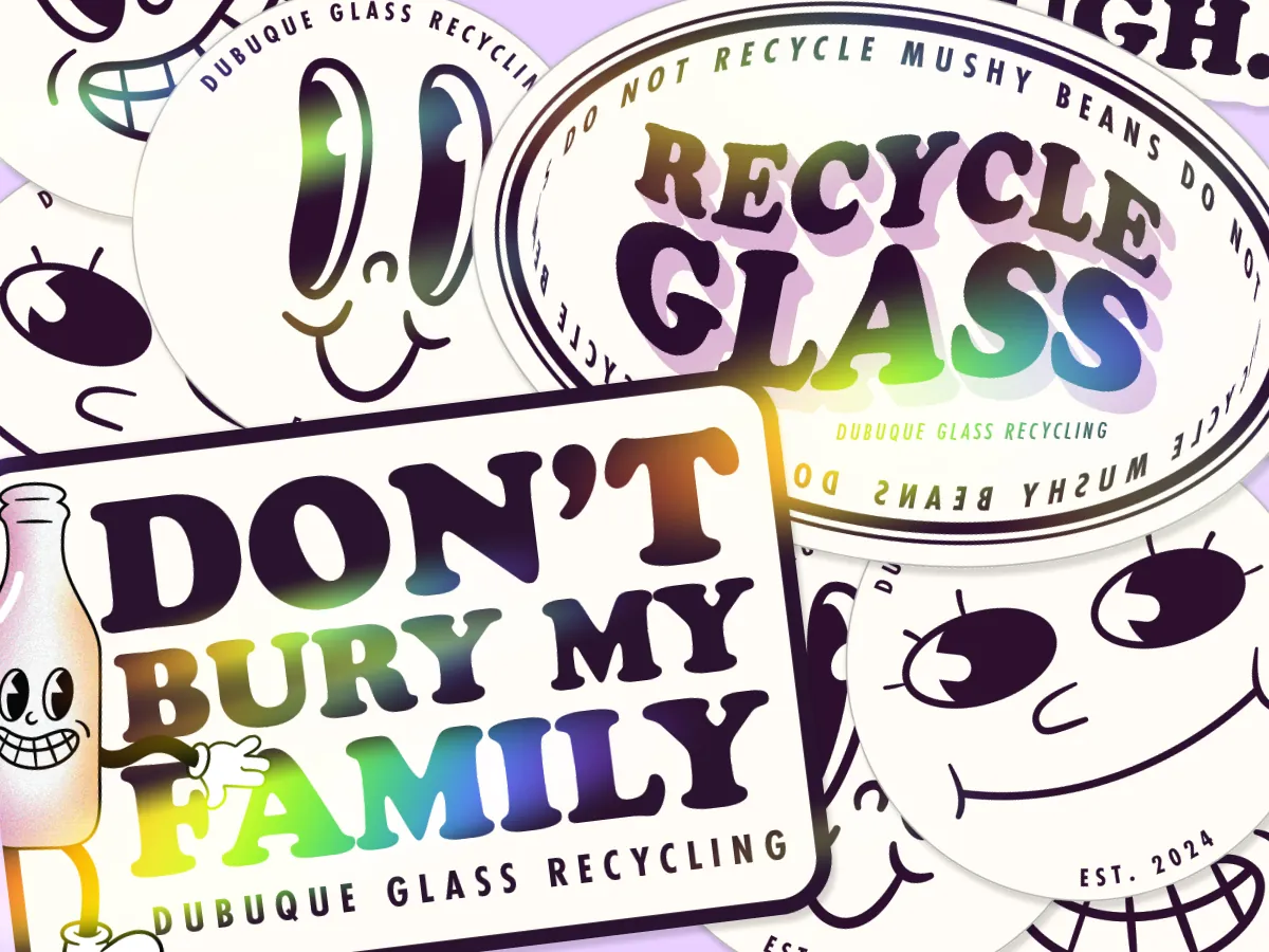 Dubuque Glass Recycling identity with the Bottle Bud mascot