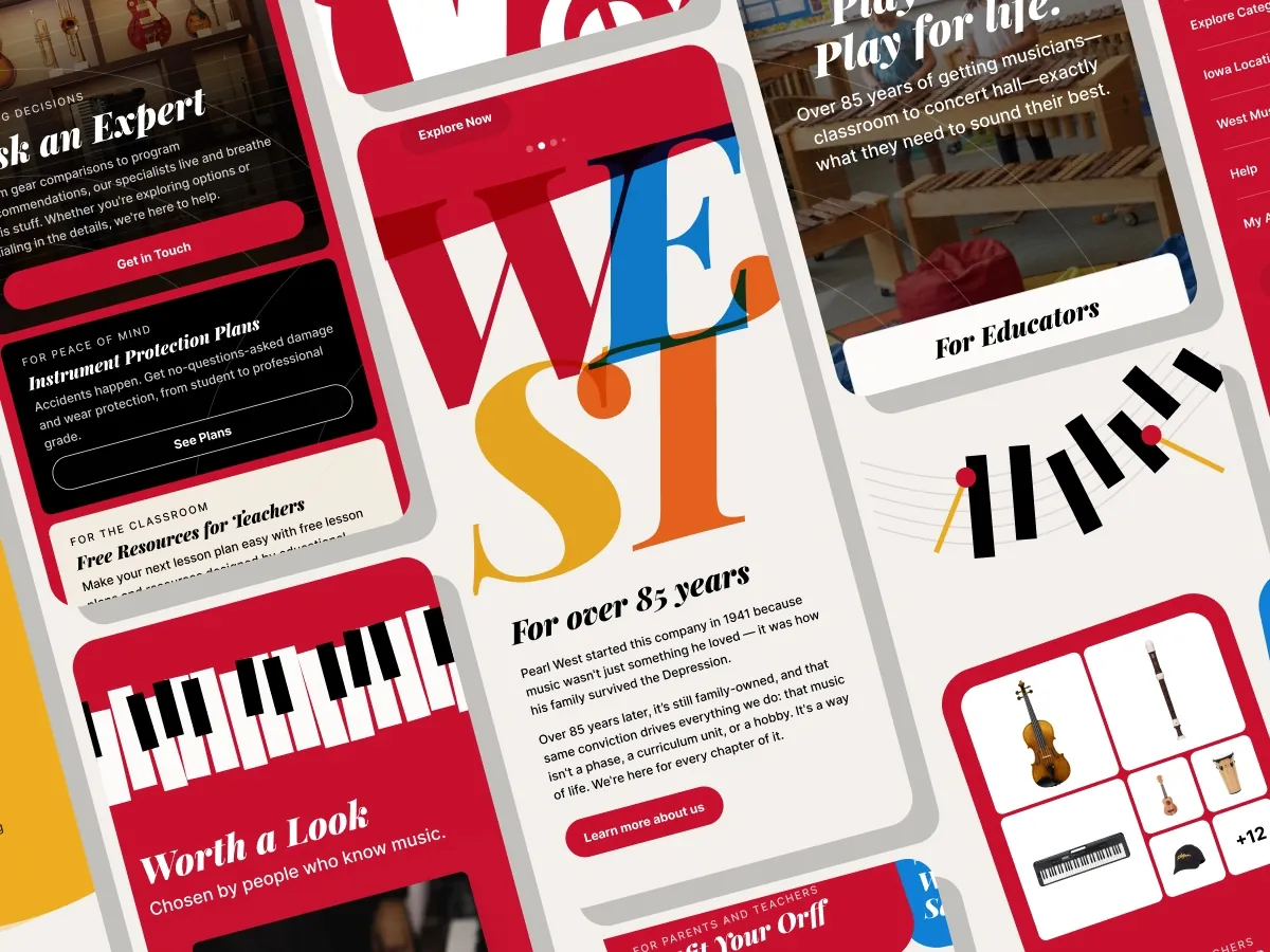 West Music mobile screens: the stacked WEST wordmark, educator services, and an instrument grid.