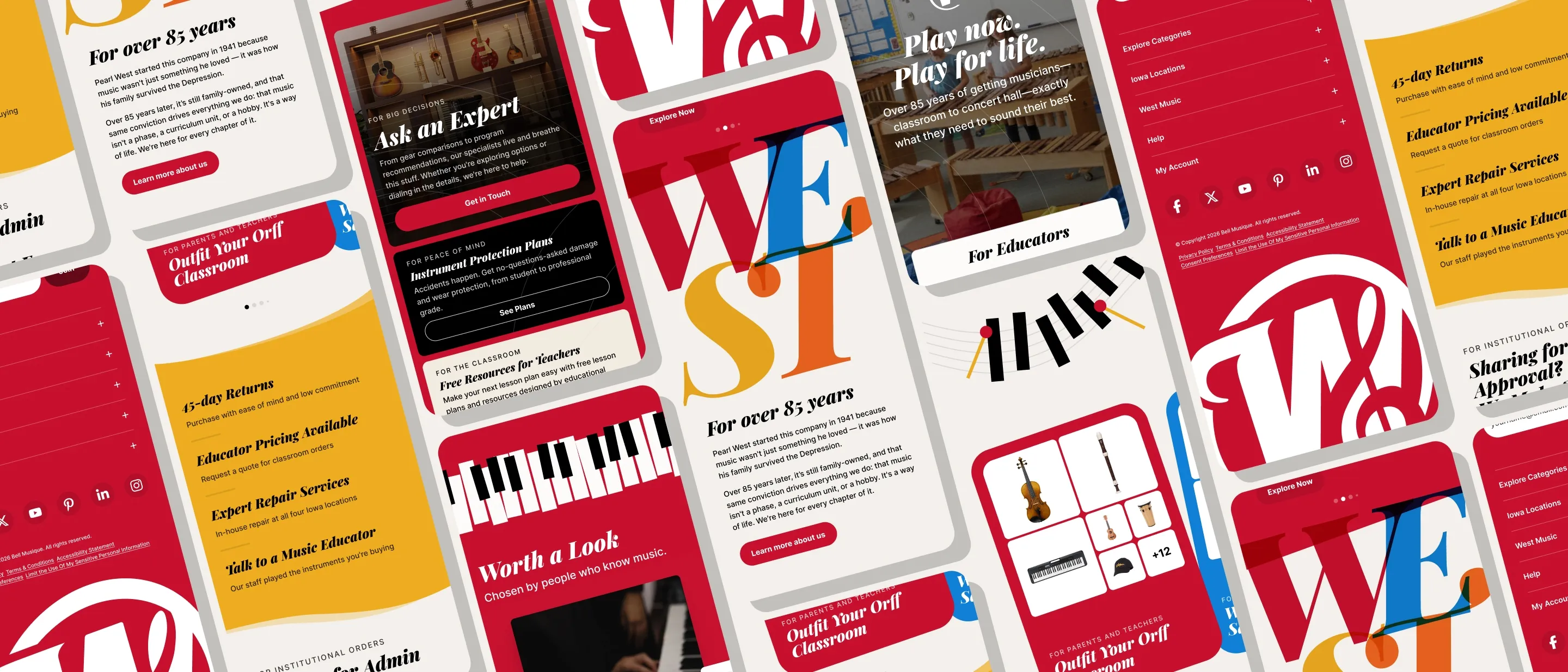 West Music mobile screens laid out at an angle: the stacked WEST wordmark, educator services, product tiles, and piano-key illustrations in the brand&rsquo;s red, yellow, and cream.